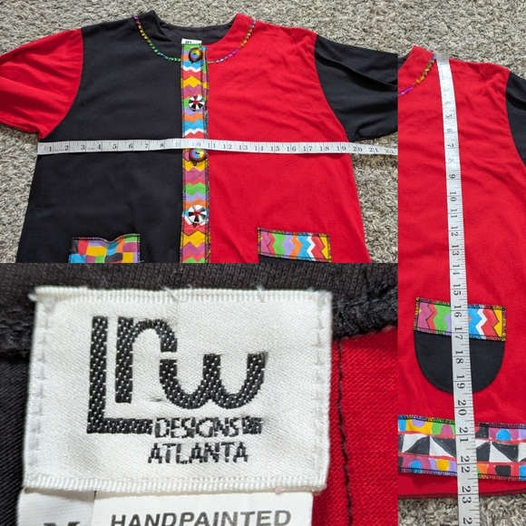 Vintage LRW Red Black Colorful Color Block Mixed Print Button Up Top M - Picture 7 of 7